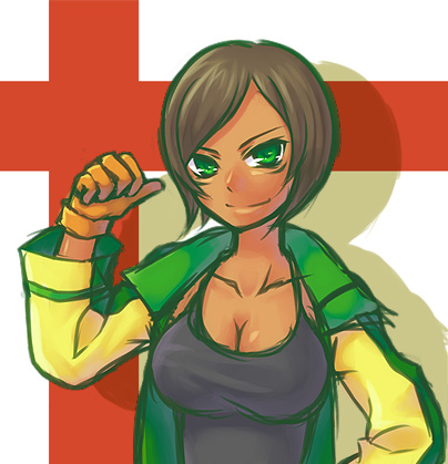 breasts, brown_hair, camisole, chou_shittou_caduceus, cleavage, dark_skin, gloves, green_eyes