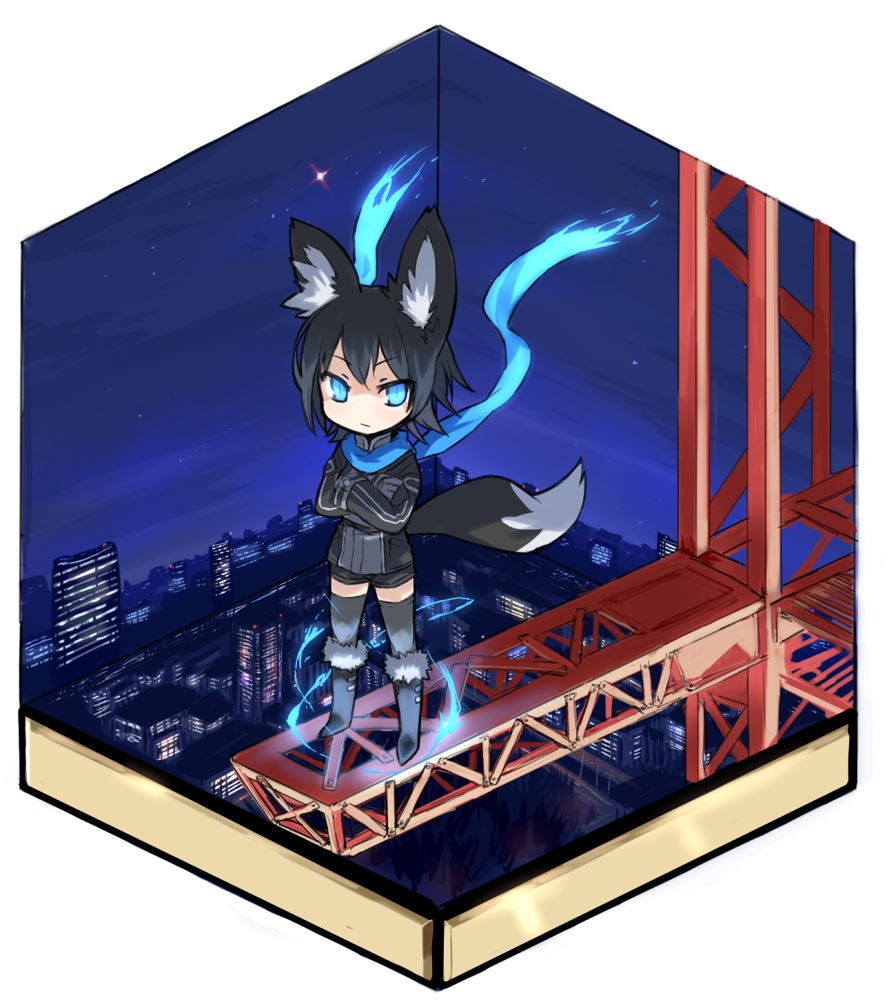 1girl, animal_ears, black_hair, black_legwear, blue_eyes, boots, construction_site, crossed_arms