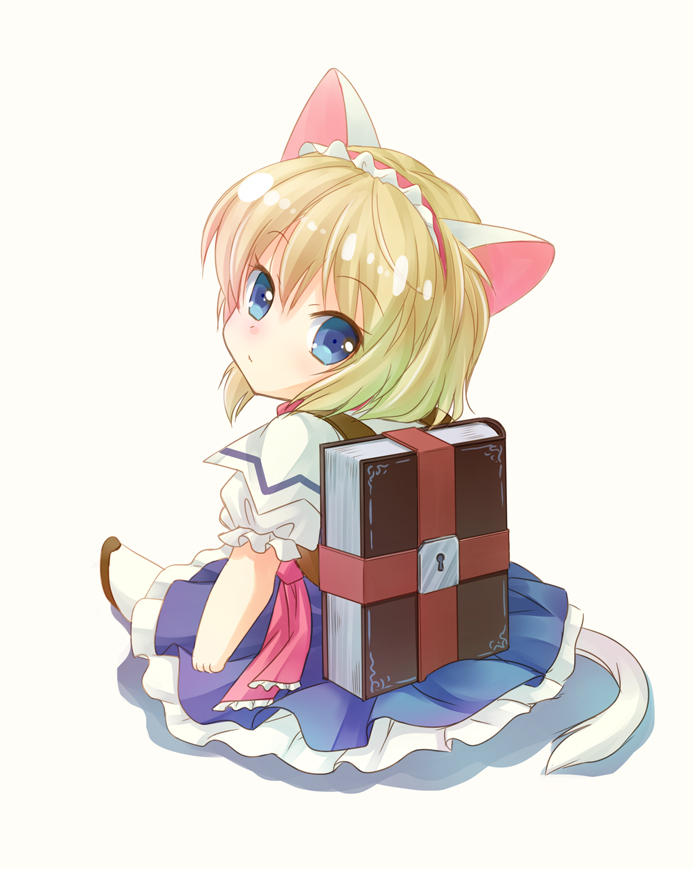 1girl, alice_margatroid, animal_ears, blonde_hair, blue_eyes, book, capelet, cat_ears