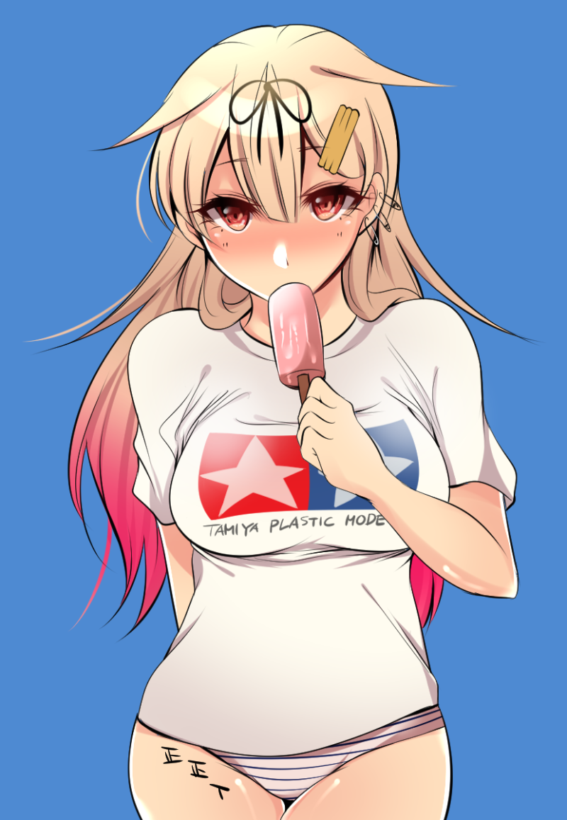 1girl, arm_behind_back, blonde_hair, blue_background, blush, breasts, cowboy_shot, ear_piercing