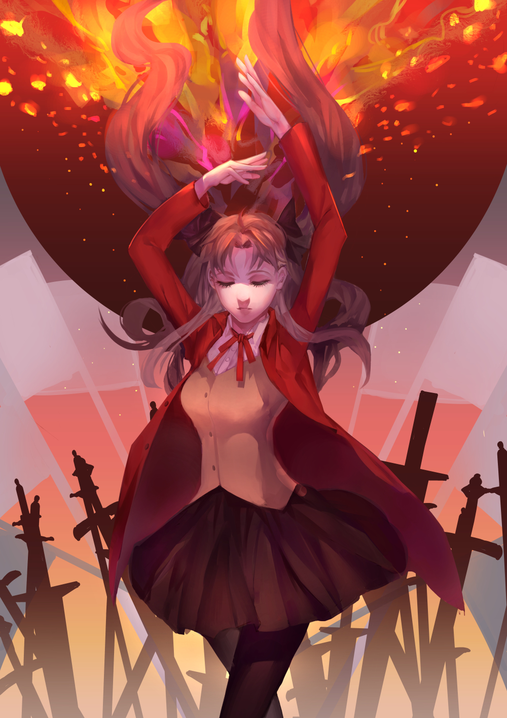 1girl, brown_hair, ccrxx110, coat, fate/stay_night, fate_(series), field_of_blades, floating_hair