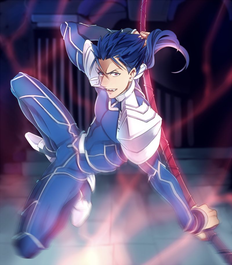 1boy, blue_hair, earrings, fate/stay_night, fate_(series), gae_bolg, jewelry, lancer