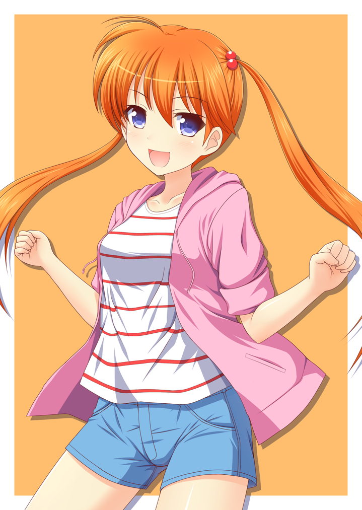 1girl, :d, blue_eyes, collarbone, cowboy_shot, female, hair_bobbles, hair_ornament, hoodie, inaba_kyouko, jigoku_sensei_nube, kk-sk-ray, long_hair, looking_at_viewer, open_mouth, orange_hair, shirt, shorts, smile, solo, striped, striped_shirt, twintails