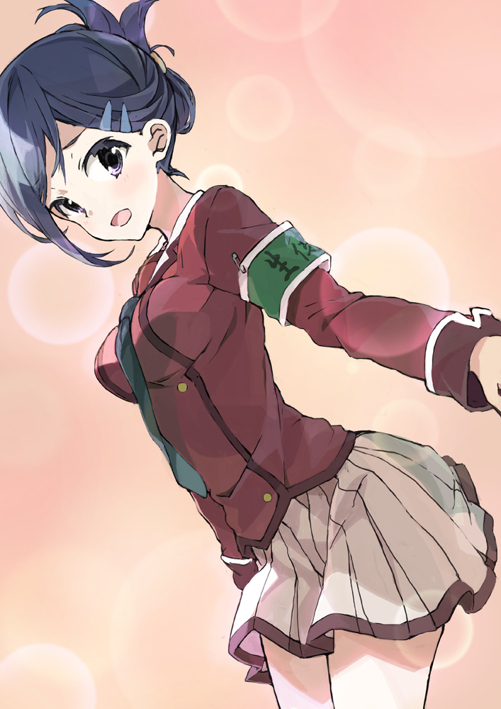 1girl, armband, black_hair, falsehood, folded_ponytail, hair_ornament, hairclip, inou-battle_wa_nichijou-kei_no_naka_de