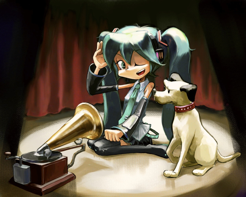 aqua_hair, detached_sleeves, dog, fine_art_parody, hatsune_miku, headphones, his_master's_voice, his_master's_voice
