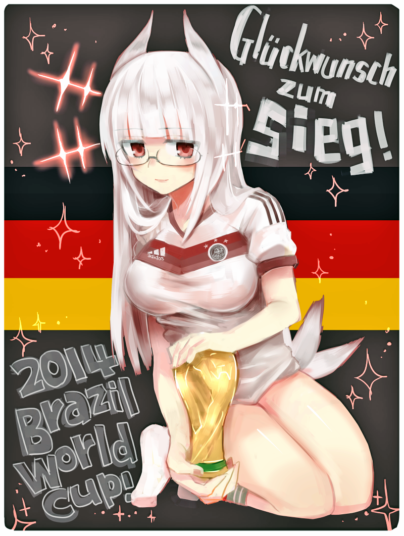 1girl, 2014_fifa_world_cup, adidas, alternate_costume, animal_ears, bangs, black-framed_glasses, blunt_bangs