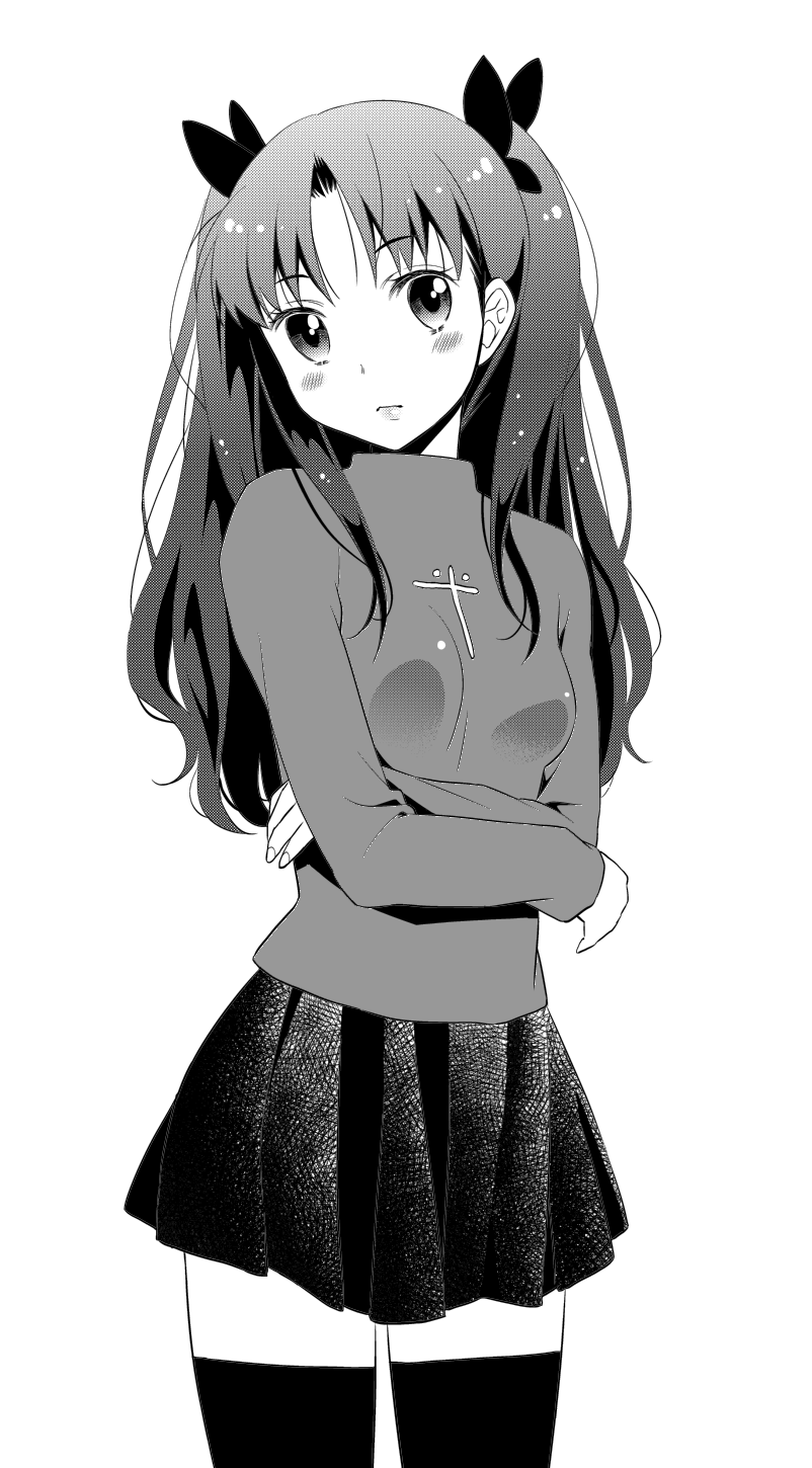 1girl, dobato, fate/stay_night, fate_(series), greyscale, hair_ribbon, highres, monochrome
