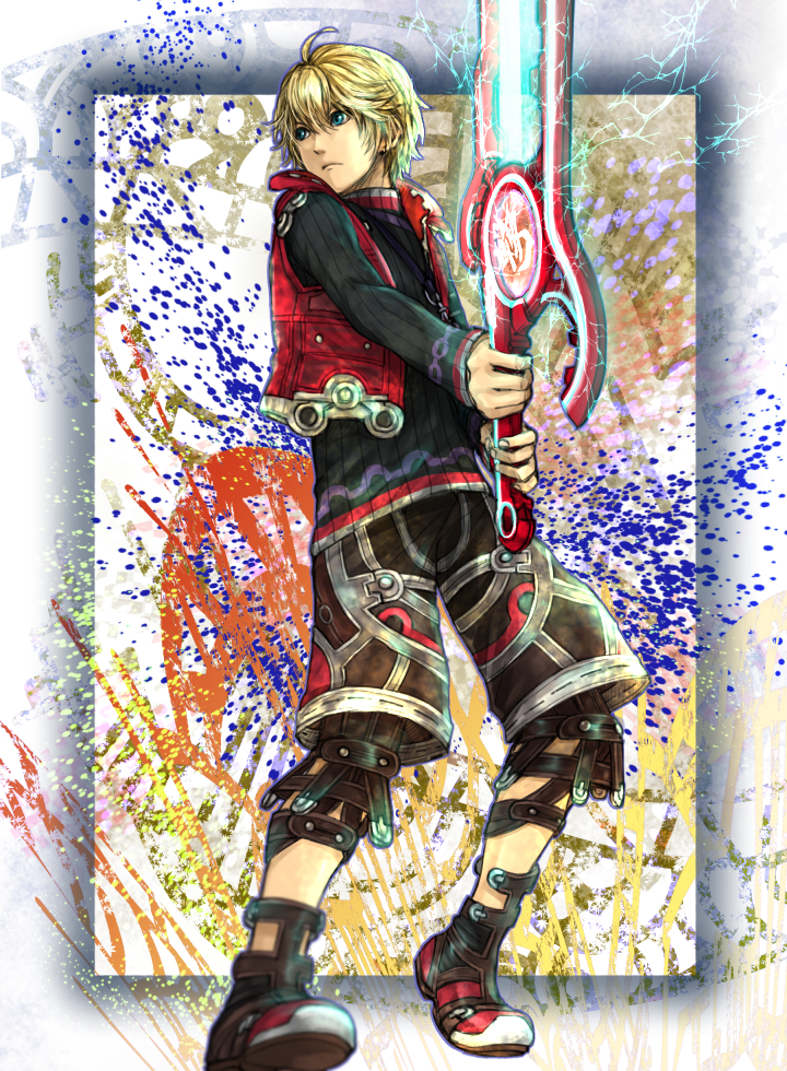 1boy, blonde_hair, blue_eyes, monado, shorts, shulk, solo, sword, techitoni, vest, weapon, xenoblade