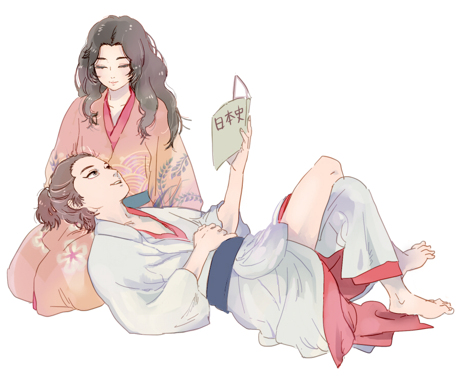 1boy, 1girl, japanese_clothes, kichou_(nobunaga_concerto), lap_pillow, long_hair, nobunaga_concerto, saburou_(nobunaga_concerto)