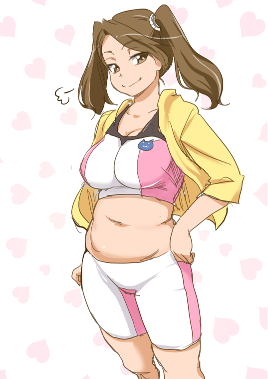 1girl, belly, bike_shorts, breasts, breath, brown_hair, cosplay, gundam