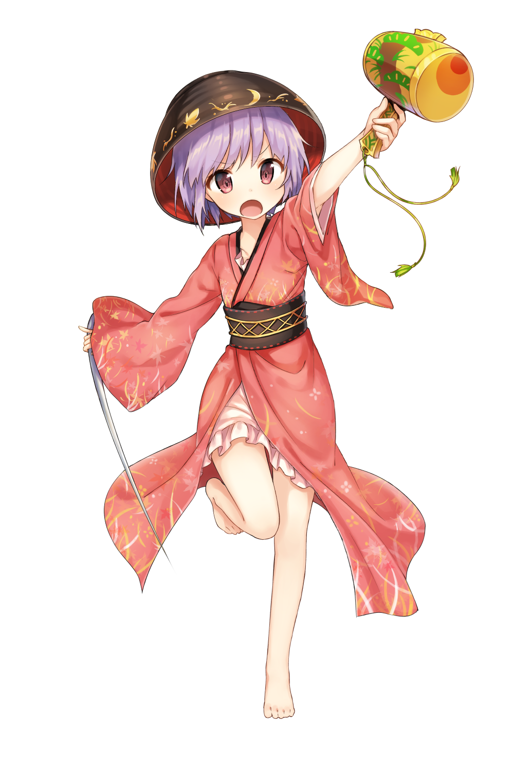 1girl, arm_up, barefoot, bowl, frills, full_body, highres, japanese_clothes