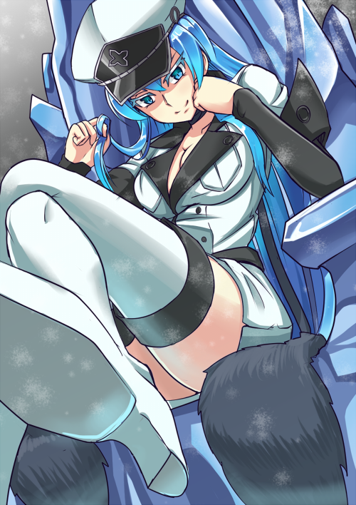 1girl, akame_ga_kill!, blue_eyes, blue_hair, boots, breasts, cleavage, crossed_legs
