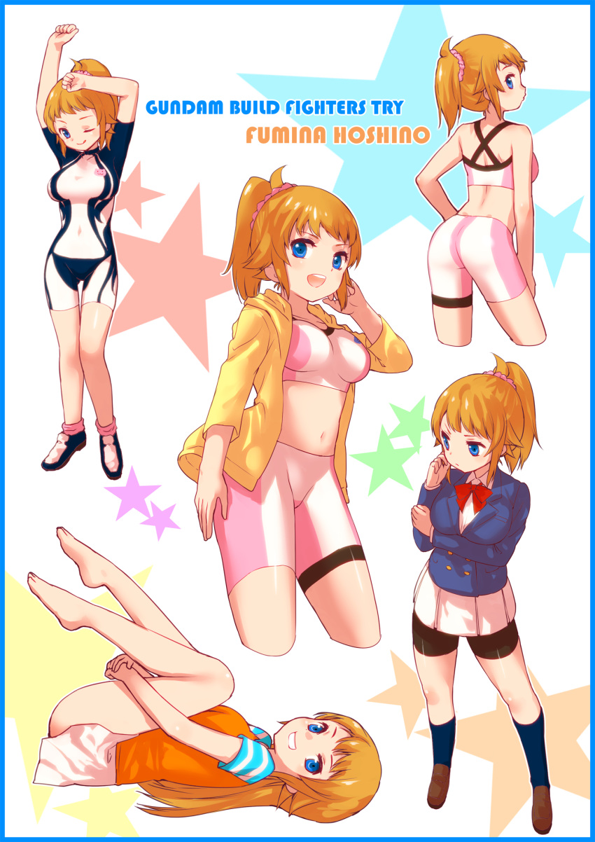 1girl, ;q, back, bare_legs, bike_shorts, blue_eyes, brown_hair, character_name, copyright_name, gundam, gundam_build_fighters, gundam_build_fighters_try, highres, hoshino_fumina, jacket, kidanieru, lying, midriff, navel, one_eye_closed, ponytail, school_uniform, scrunchie, solo, spandex, sports_bra, star, tongue, tongue_out