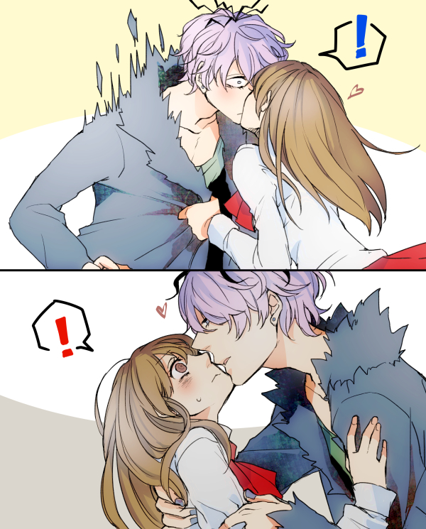 !, brown_hair, coat, couple, garry_(ib), hair_over_one_eye, hetero, ib, ib_(ib), incipient_kiss, kiss, long_hair, ouka_(stan), purple_hair, short_hair