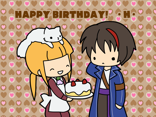 2boys, :<, ^_^, animal_on_head, armband, blonde_hair, brown_hair, cake