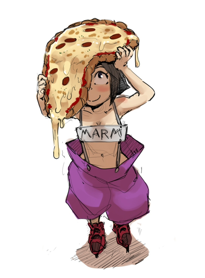 1girl, baggy_shorts, black_hair, blush, borrowed_character, breasts, cheese_trail, cleavage