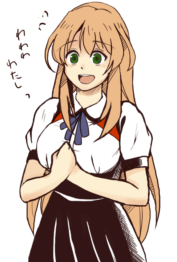 1girl, blonde_hair, cowboy_shot, gokukoku_no_brynhildr, green_eyes, hands_clasped, kuroguro8, long_hair