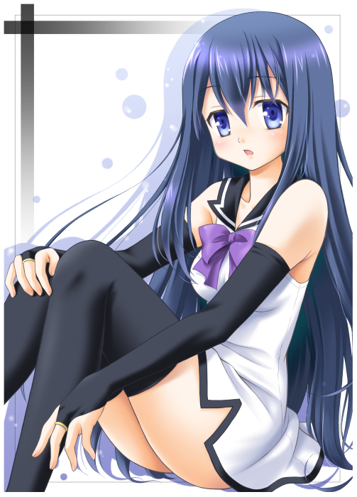 1girl, bare_shoulders, blue_eyes, blue_hair, bridal_gauntlets, convenient_leg, gokukoku_no_brynhildr, kuroha_neko, long_hair, miki_meguri, sailor_collar, sitting, solo, thigh-highs, very_long_hair, zettai_ryouiki