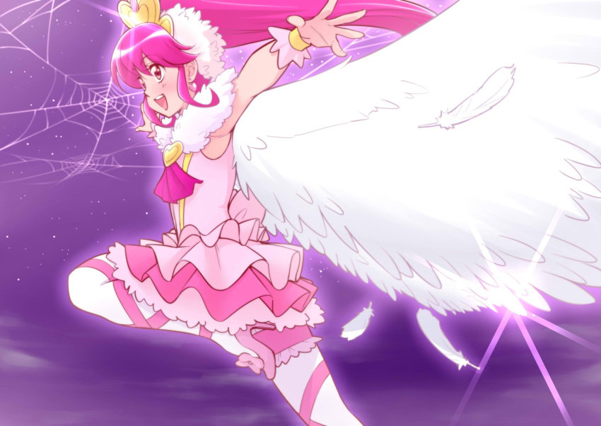 1girl, :d, aino_megumi, angel_wings, armpits, ballerina, cure_lovely, earrings