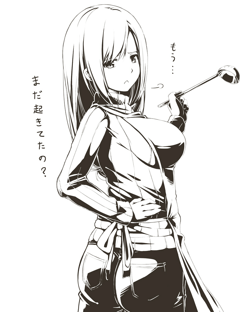 1girl, breasts, ladle, looking_at_viewer, looking_back, monochrome, nanaku_teiru, shinken-zemi