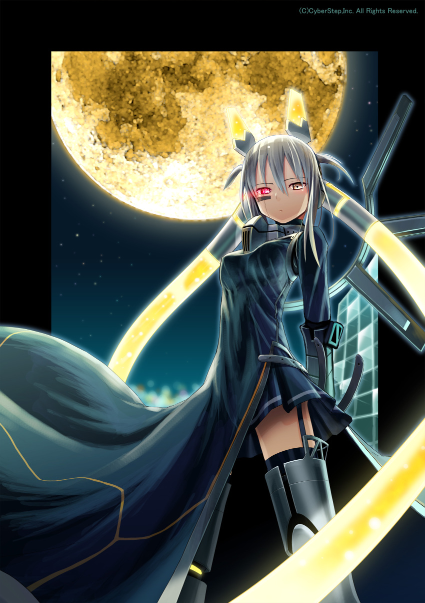 absurdres, armored_boots, cosmic_break, dress, gauntlets, glowing, glowing_eye, grey_hair, headgear, highres, looking_at_viewer, moon, morizo_cs, night, night_sky, official_art, red_eyes, rinka_lynx, sky, tattoo, weapon