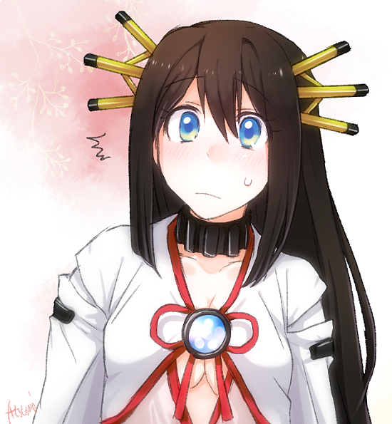 /\/\/\, 1girl, blue_eyes, blush, breasts, brown_hair, cleavage, collarbone