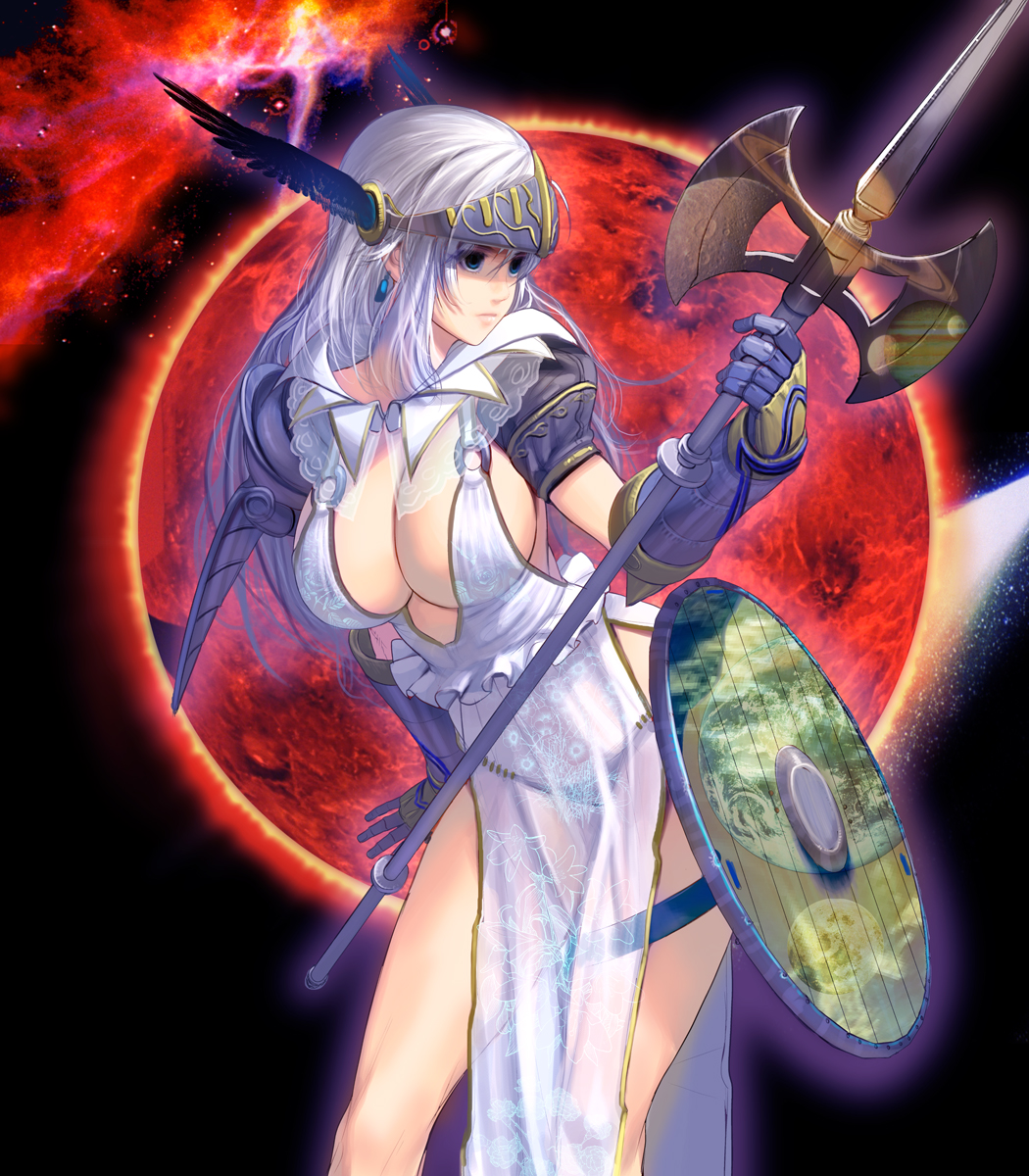 1girl, armor, blue_eyes, breasts, cleavage, dress, earrings, empty_eyes