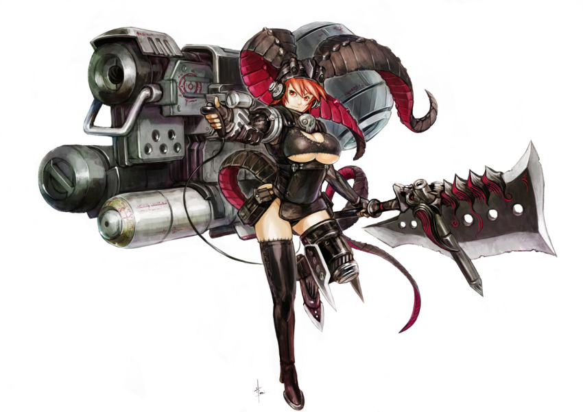axe, boots, breasts, brown_hair, gun, hat, horns, huge_gun