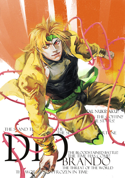 belt, blonde_hair, dio_brando, freer, headband, heart, hermit_purple, jacket, jojo_no_kimyou_na_bouken, knee_pads, red_eyes, stand_(jojo), vines, yellow_jacket