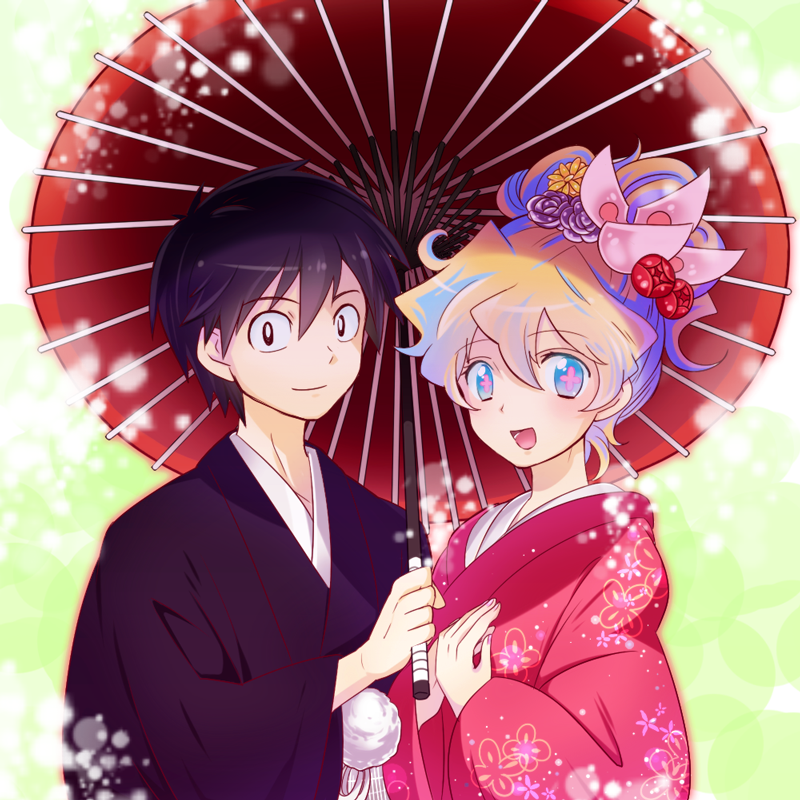 +_+, 1boy, 1girl, alternate_hairstyle, blue_hair, couple, flower, hair_bun