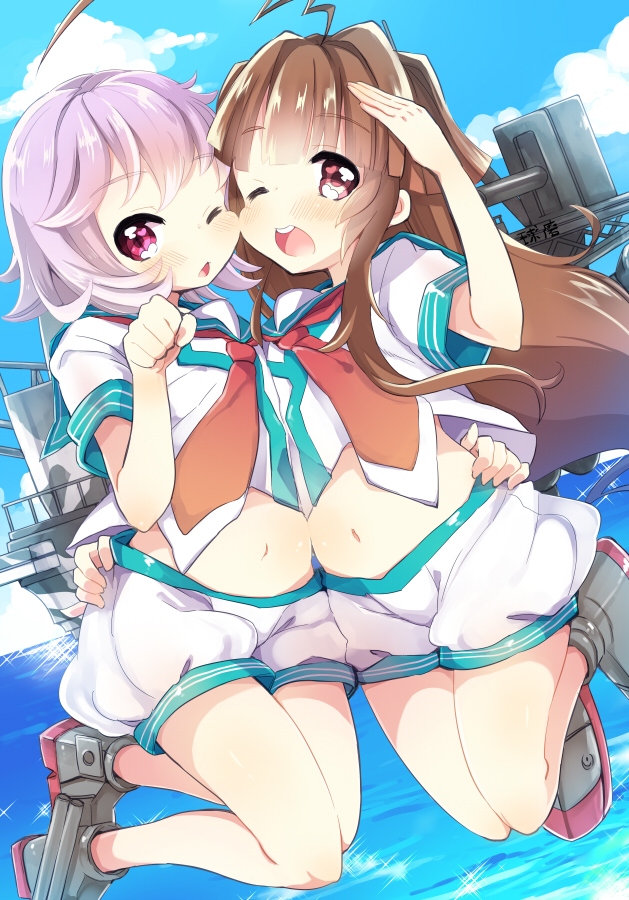 2girls, :d, ;d, ahoge, brown_eyes, brown_hair, cheek-to-cheek, horizon