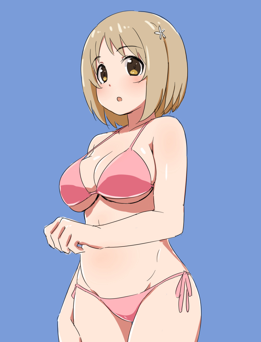 1girl, :o, absurdres, bikini, blue_background, blush, breasts, brown_eyes