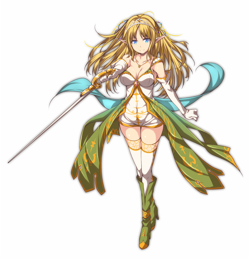 1girl, big_wednesday, blonde_hair, blue_eyes, boots, breasts, cleavage, dress