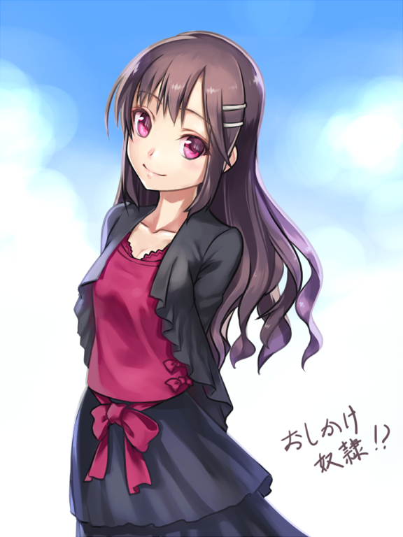 1girl, arms_behind_back, breasts, brown_hair, casual, cleavage, collarbone, copyright_request