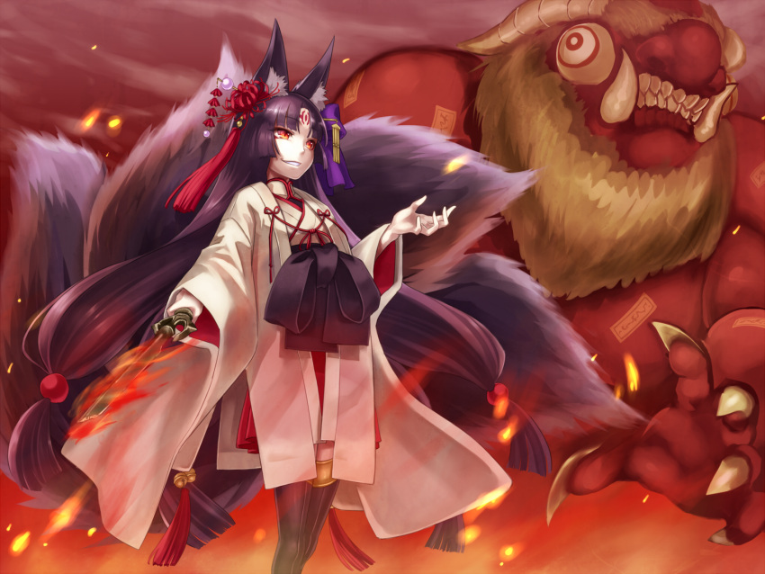 1girl, :d, animal_ears, black_hair, facial_mark, fox_ears, fox_tail, hair_ornament