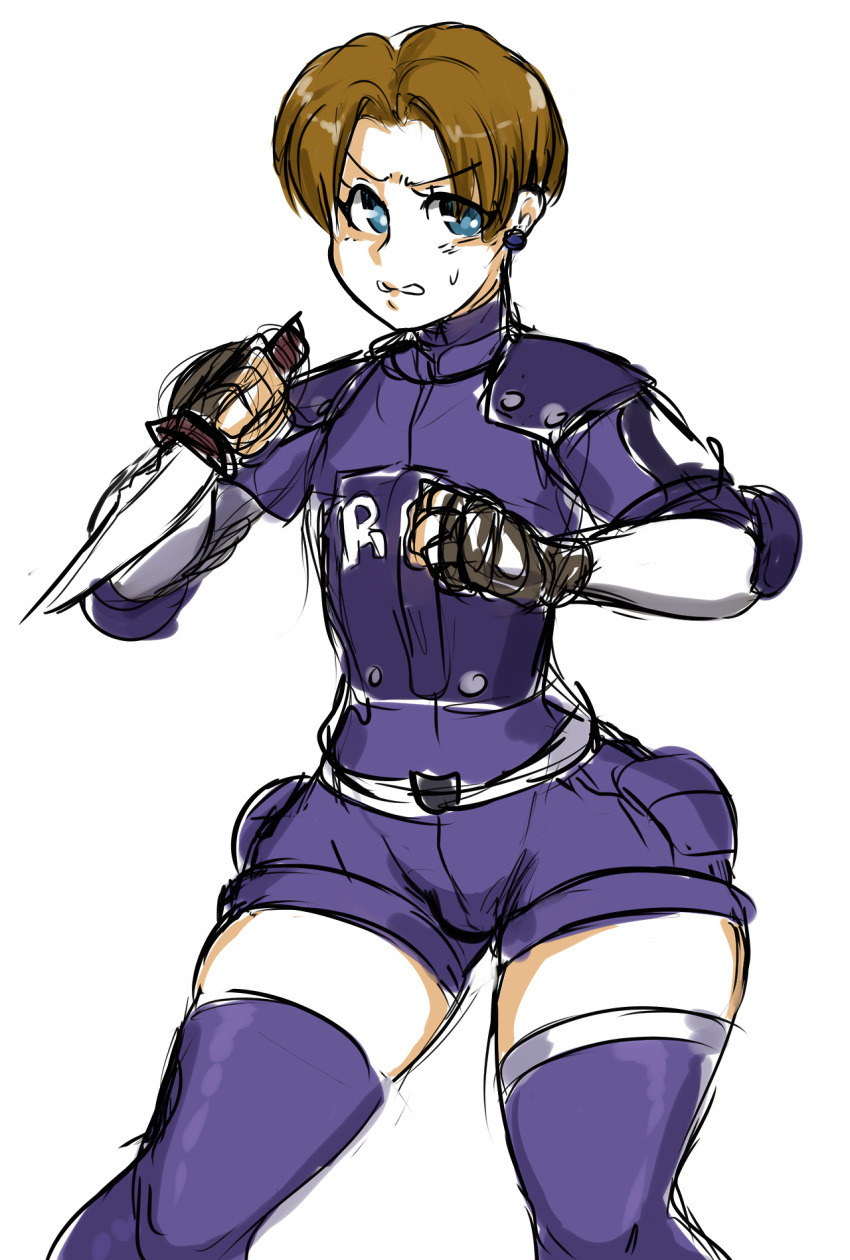 1boy, blue_eyes, blue_legwear, brown_hair, bulletproof_vest, elbow_pads, fingerless_gloves, gloves