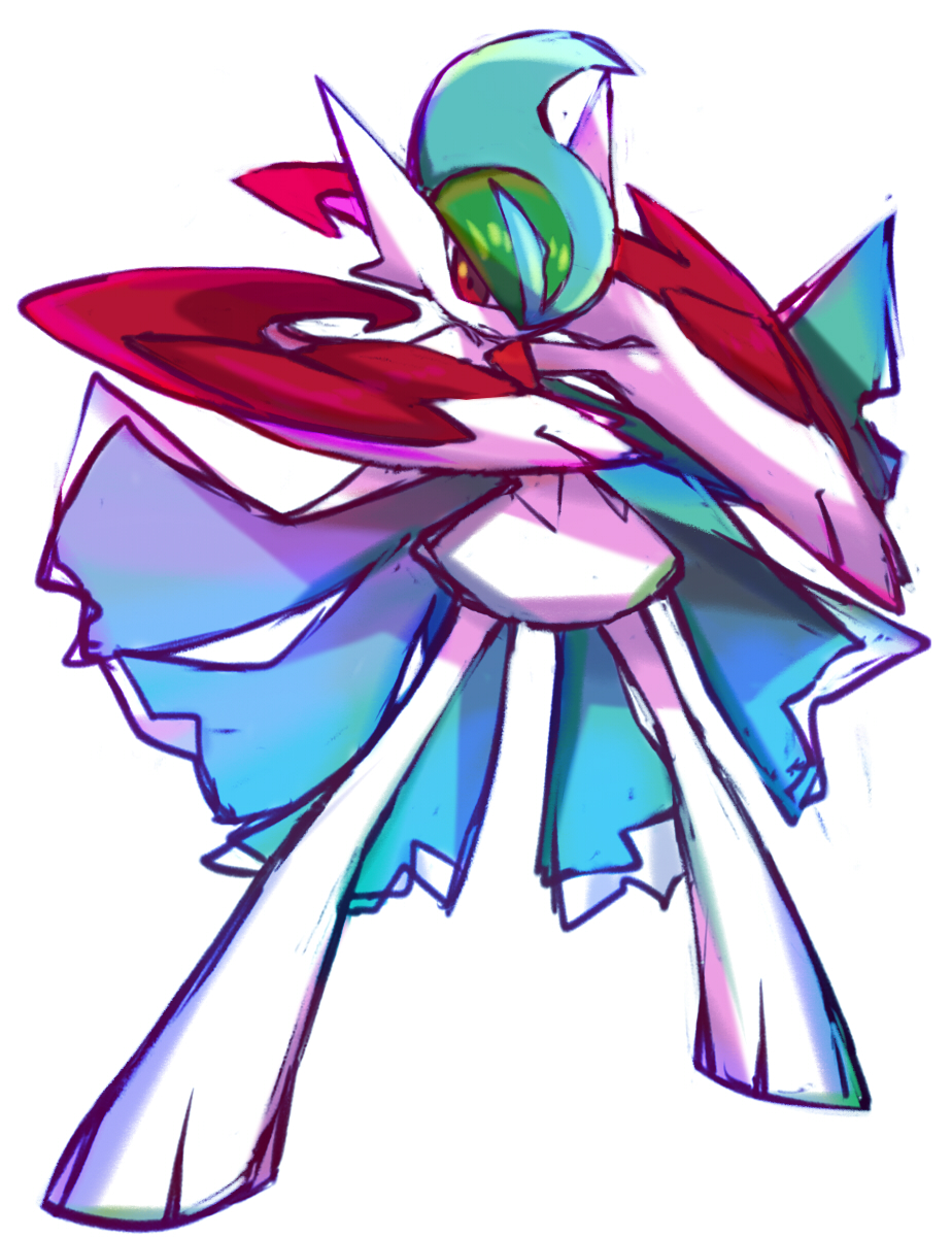 arm_blade, cape, fighting_stance, gallade, glaring, highres, horns, mega_gallade
