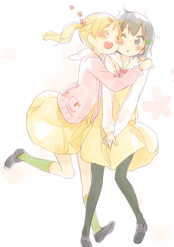 2girls, black_hair, black_hairs, blonde_hair, blush, closed_eyes, flower_(symbol), hair_ornament, hoodie, hug, kneehighs, loafers, madam_s, multiple_girls, open_mouth, original, school_uniform, shoes, skirt, smile, tagme, thigh-highs, twintails, wince, yuri