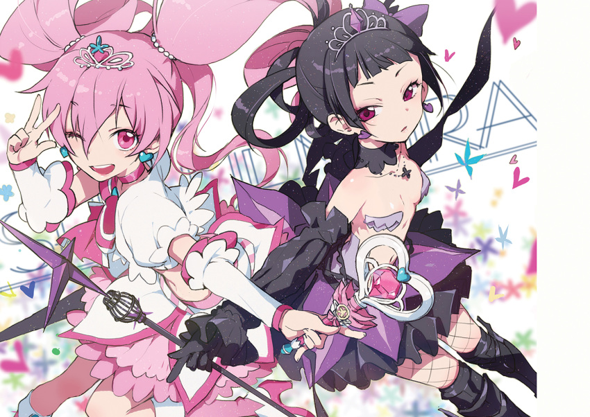 2girls, black_gloves, black_hair, black_princess, black_skirt, boots, detached_sleeves, earrings