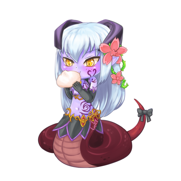1girl, alisfieze_fateburn_xvi, bare_shoulders, chibi, dumpling, eating, elbow_gloves, flower