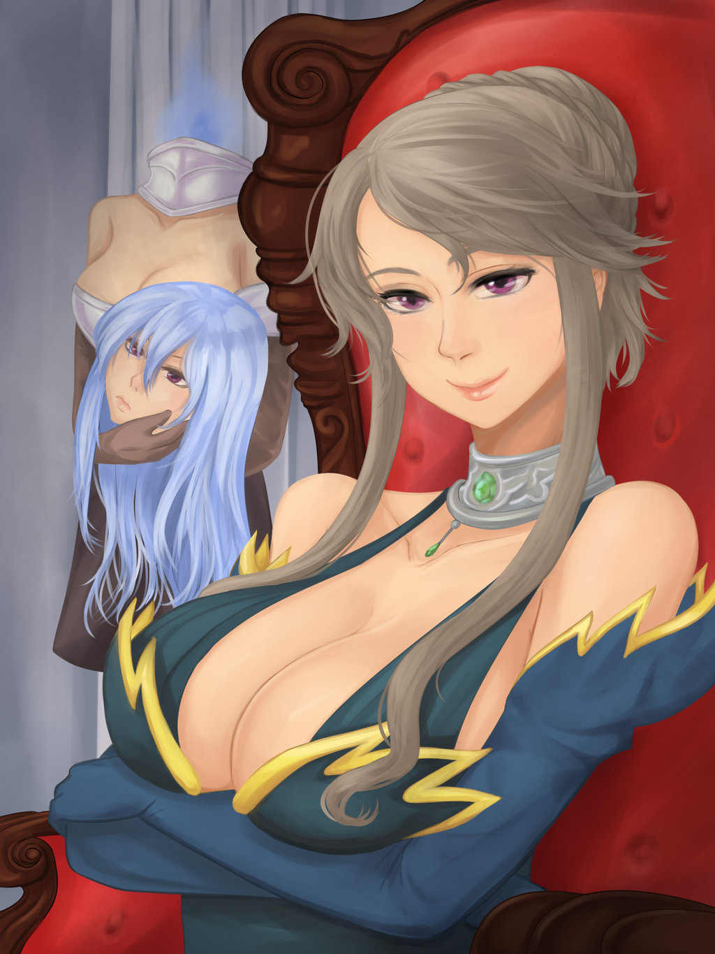2girls, bare_shoulders, blue_hair, breasts, brown_hair, chair, choker, cleavage