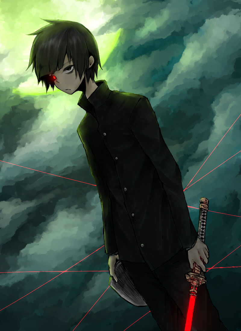 1boy, artist_request, bags_under_eyes, black_eyes, black_hair, clouds, cloudy_sky, dutch_angle, frown, full_moon, glowing, glowing_eye, heterochromia, katana, mask, moon, original, red_eyes, red_thread, school_uniform, short_hair, sky, sword, thread, weapon