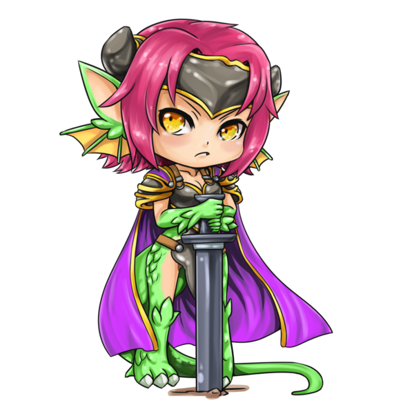 1girl, armor, breasts, cape, chibi, claws, cleavage, dragon_girl