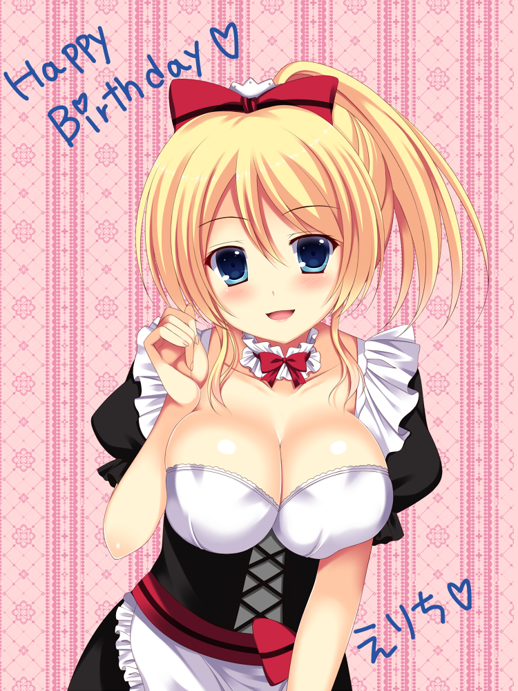 1girl, :d, ayase_eli, blonde_hair, blue_eyes, breasts, cleavage, happy_birthday, kurusu_ren, large_breasts, love_live!_school_idol_project, maid, open_mouth, ponytail, smile