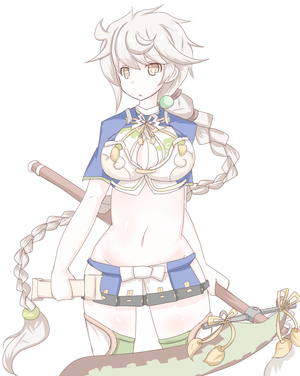 1girl, braid, cleavage_cutout, cloud_print, crop_top, green_legwear, hair_ornament, highres