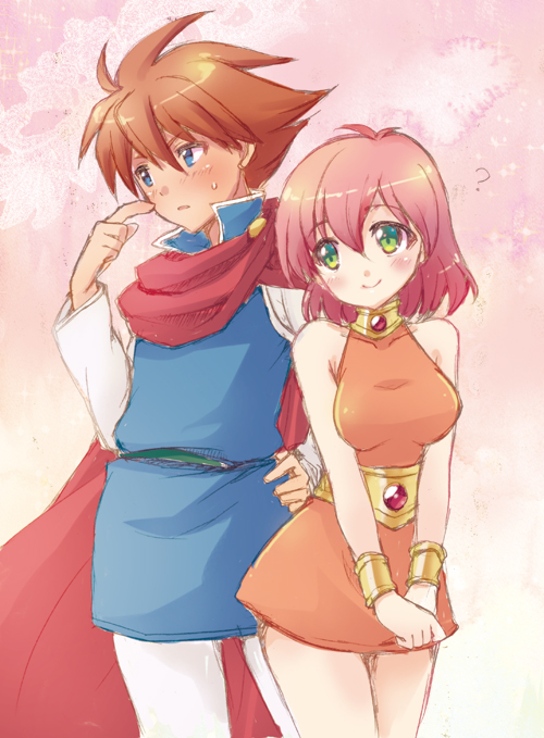 1boy, 1girl, blue_eyes, blush, bracelet, brown_hair, butz_klauser, cape