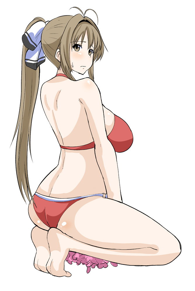 1girl, amagi_brilliant_park, antenna_hair, ass, bare_shoulders, bikini, brown_eyes, brown_hair