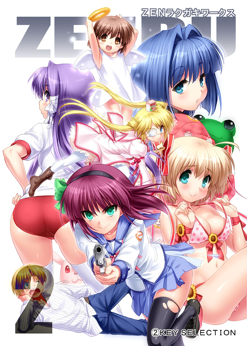 1boy, 1girl, 6+girls, angel, angel_beats!, ass, bikini, blonde_hair