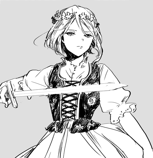 1girl, axis_powers_hetalia, dress, floral_print, flower, genderswap, grey_background, head_wreath, holding, minaide_yatose, poland_(hetalia), polish_clothes, puffy_short_sleeves, puffy_sleeves, short_hair, short_sleeves, simple_background, solo, sword, traditional_clothes, weapon