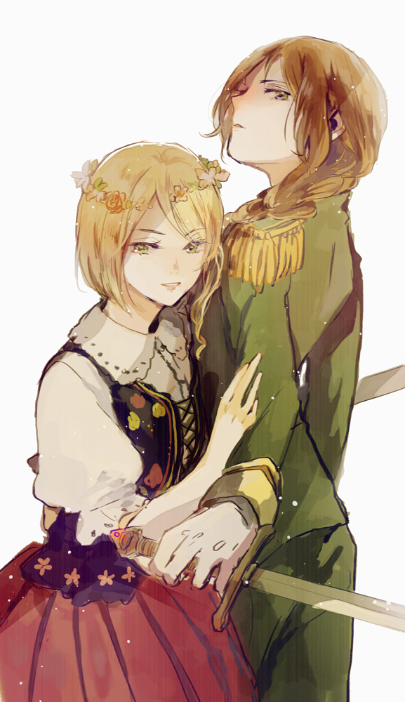 2girls, axis_powers_hetalia, blonde_hair, blush, braid, brown_hair, dress, dual_wielding